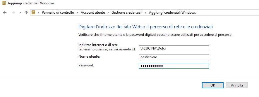 aggiungi credenziali Windows