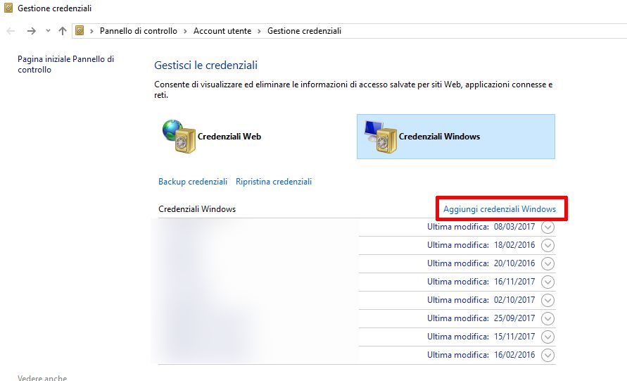 gestione credenziali windows