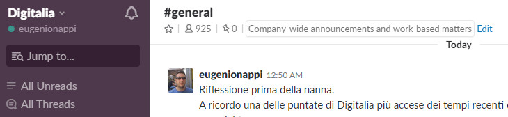 screenshot del post sul canale slack di digitalia