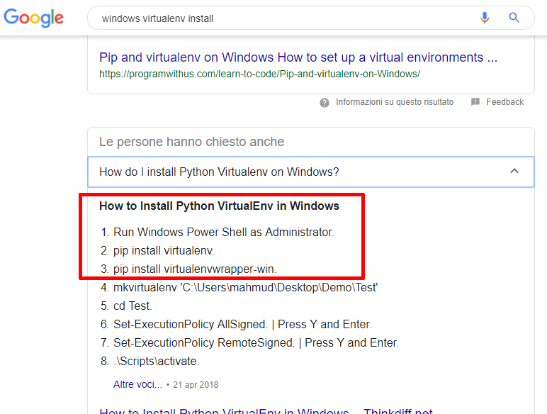 passaggi per l'installazione di Python Virtualenv su Windows