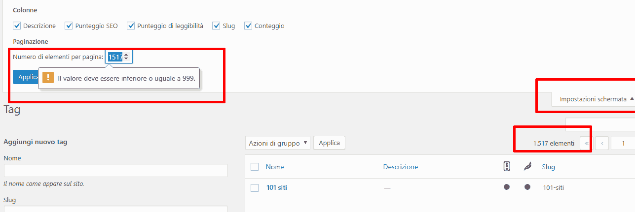 più tag per pagina su wordpress tramite "impostazioni schermata"